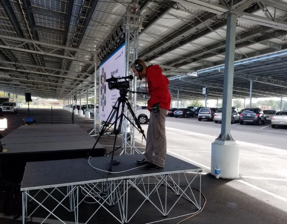 AV technician operating video camera on stage at outdoor corporate event by Lucas Productions USA