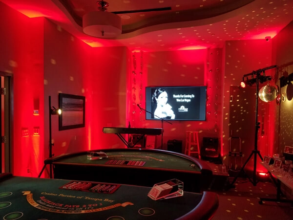 Lucas Productions USA AV lighting and screen setup for casino-themed corporate event