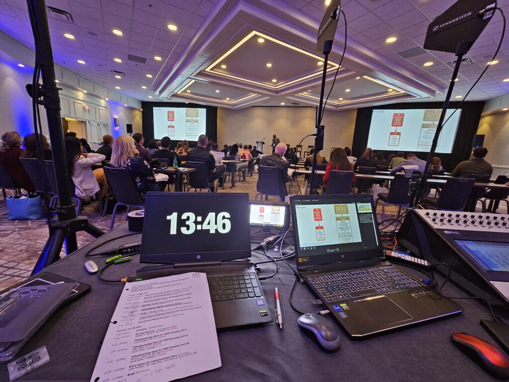 Lucas Productions USA managing live corporate conference with professional AV setup, stage screens, and event support